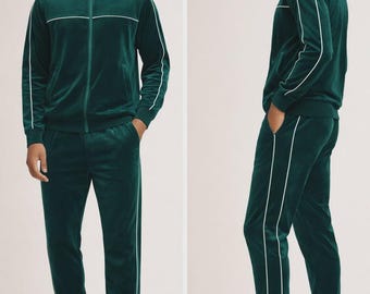Mens Velvet Jogger Set Luxury Velour Tracksuit Zip Jacket Sweat Suit Streetwear Matching Set
