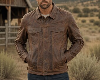 Men’s Distressed Leather Jacket Vintage Trucker Coat Quilted Lining Casual Outerwear