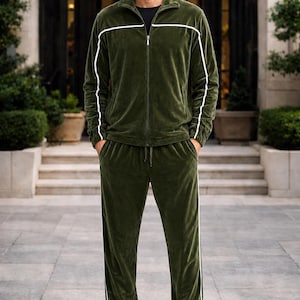 May include: A green velour tracksuit with white stripes. The jacket has a zip closure and the pants have a drawstring. The person is wearing a black t-shirt and white sneakers. The outfit is displayed in front of a building.