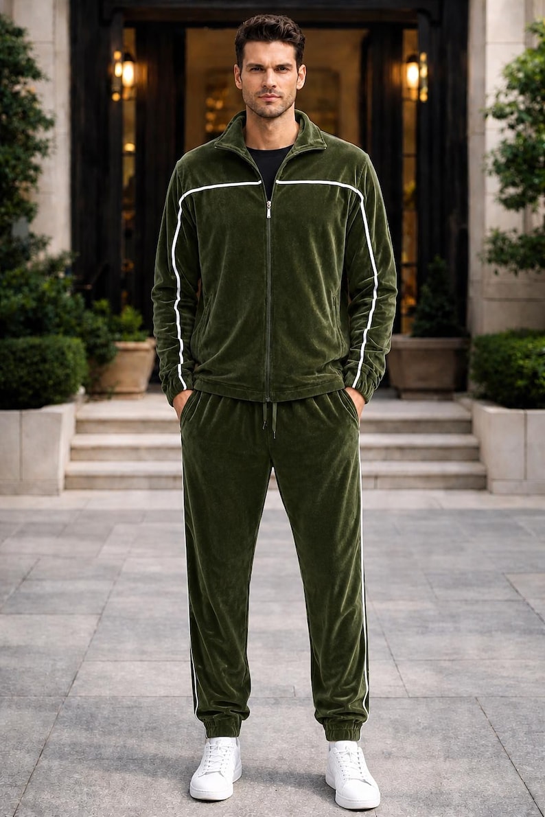 May include: A green velour tracksuit with white stripes. The jacket has a zip closure and the pants have a drawstring. The person is wearing a black t-shirt and white sneakers. The outfit is displayed in front of a building.
