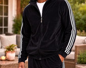 Herren Schwarz Velour Trainingsanzug Set Luxus Samt Streetwear Sport Outfit mit Reißverschluss