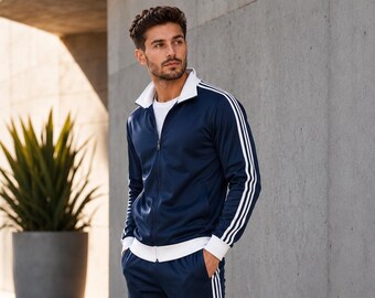 Herren Athletic Trainingsanzug Set Navy Blau, Zip Jacke Jogger Hosen Sportbekleidung