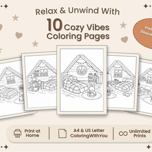 以下が含まれることがあります： ベッドやウサギなど、居心地の良いキャビンのイラストが描かれた5枚の塗り絵。テキストには「Relax & Unwind With 10 Cozy Vibes Coloring Pages」と「Instant Download」と書かれています。A4とUSレターのオプションと無制限の印刷が含まれています。