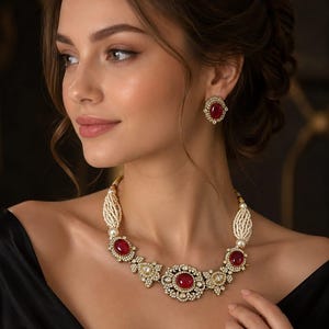 Ruby Red Kundan Pearl Statement Necklace Set, Indian Bridal Choker Earrings Gift