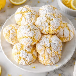 Può includere: Un piatto bianco contiene una pila di biscotti al limone increspati cosparsi di zucchero a velo. Mezzi limoni e scorza di limone sono sparsi intorno al piatto, con una ciotola bianca di scorza di limone sullo sfondo. I biscotti sono gialli con crepe bianche.