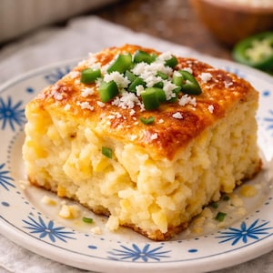 May include: A square slice of cornbread on a white plate with blue floral designs. The cornbread is topped with diced green jalapeños and crumbled white cheese. The cornbread has a golden-brown crust and a soft, yellow interior.