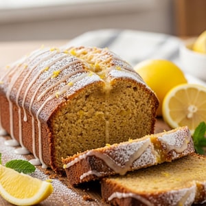 Op de afbeelding: Een gesneden citroenbrood op een houten plank, overgoten met witte glazuur en bestrooid met poedersuiker. Verse citroenen en muntblaadjes zijn rond het brood gerangschikt. Het brood heeft een goudbruine kleur.