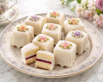 Ricetta dei Petit Fours francesi in formato PDF, download immediato, tortine da tè alle mandorle glassate, mini dessert per matrimoni.