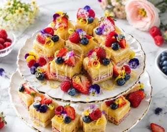 Petit Fours de limón y frutos rojos para primavera (PDF, descarga instantánea), pasteles de té de Pascua, mini postres glaseados.