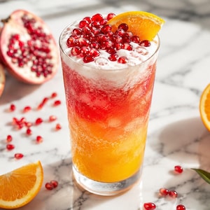 Puede incluir: Una bebida en capas en un vaso alto, con tonos naranja, rojo y blanco. Adornada con semillas de granada y una rodaja de naranja. Granadas cortadas por la mitad y rodajas de naranja están dispuestas alrededor del vaso, sugiriendo una bebida refrescante.