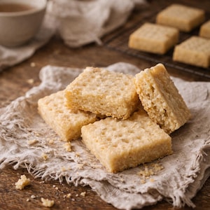 Könnte beinhalten: Nahaufnahme von quadratischen, goldbraunen Shortbread-Keksen, die auf einem beigen Leinentuch gestapelt sind. Die Kekse haben eine strukturierte Oberfläche und kleine Löcher. Im Hintergrund ist eine Tasse Tee zu sehen.