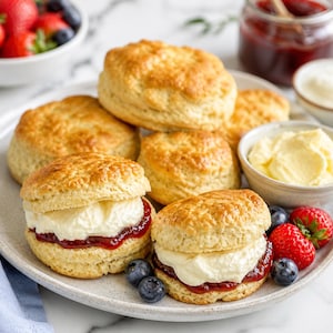 Op de afbeelding: Een bord met goudbruine scones, sommige gevuld met room en jam. Verse aardbeien en bosbessen zijn rond de scones gerangschikt. Kleine schaaltjes met room, boter en jam zijn ook aanwezig, samen met een pot jam.