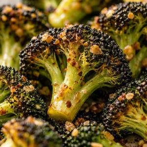 Op de afbeelding: Close-up van geroosterde broccoliroosjes met een donkere, licht verkoold uiterlijk en heldergroene stelen. De broccoli is bestrooid met geroosterde broodkruimels of noten, wat textuur en visuele aantrekkingskracht toevoegt. Een gezonde en heerlijke bijgerecht.