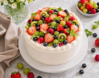 Ricetta per torta minimalista con frutta in formato PDF, download immediato, elegante dessert per occasioni speciali.
