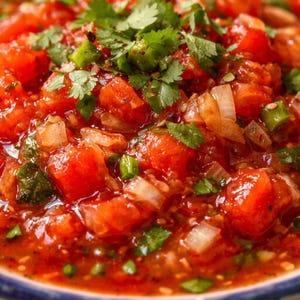 May include: Close-up of fresh salsa with diced tomatoes, onions, green peppers, and cilantro. The salsa is a vibrant red color, with visible chunks of vegetables and herbs. A delicious and flavorful condiment.
