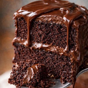 May include: A close-up of a slice of chocolate cake with rich, dark chocolate frosting dripping down the sides. The cake is moist and layered, with a fork holding a piece of the cake.