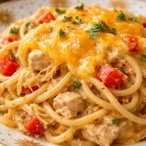 Recept på krämig kycklingspaghetti i PDF-format, direktnedladdning, middag i en gryta, ostgratäng