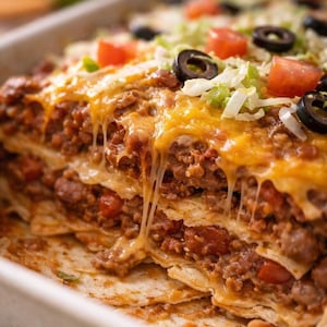 Puede incluir: Un plato de cazuela en capas lleno de una comida sabrosa. El plato presenta capas de tortillas, carne picada sazonada, queso cheddar derretido, tomates en cubitos, aceitunas negras y lechuga rallada. El queso está derretido y fibroso.