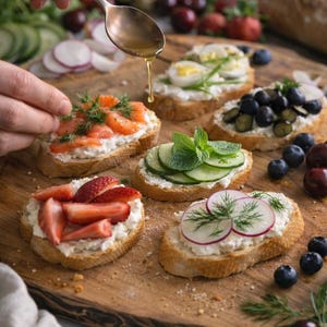 Puede incluir: Una tabla de madera muestra varios sándwiches abiertos. Los ingredientes incluyen fresas, arándanos, salmón, pepinos y rábanos. Se vierte miel sobre un sándwich de salmón. Frutas frescas y hierbas aromáticas rodean los sándwiches.