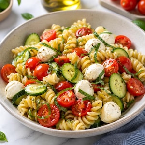 Könnte beinhalten: Ein bunter Nudelsalat in einer weißen Schüssel mit Fusilli, halbierten Kirschtomaten, Gurkenscheiben, Mozzarella-Bällchen und frischem Basilikum. Der Salat ist mit einem leichten Dressing beträufelt.