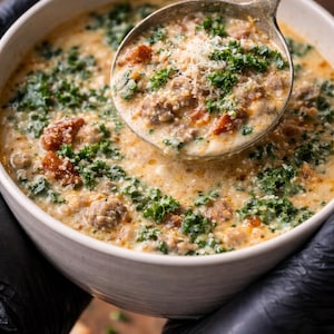 May include: A creamy soup with sausage, tomatoes, and kale in a white bowl. A silver ladle scoops up a portion of the soup, revealing the ingredients. The soup is garnished with grated cheese and fresh herbs.