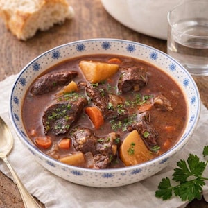 以下が含まれることがあります： 濃厚な牛肉シチューのボウル。大きな牛肉、ジャガイモ、ニンジンがたっぷり入った、濃厚で濃い色のスープです。シチューには新鮮なパセリが添えられ、カリカリのパンのスライスが添えられています。