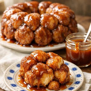 Könnte beinhalten: Nahaufnahme eines Affenbrot-Desserts mit Karamellglasur. Das Brot ist ringförmig auf einem Teller angeordnet, mit einem kleineren Teil auf einem separaten Teller. Ein Glas Karamellsauce ist ebenfalls zu sehen.