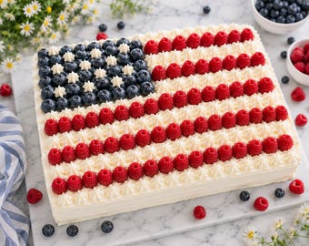 Receta de pastel con la bandera estadounidense, postre de frutos rojos, dulce para el 4 de julio (descarga en PDF)