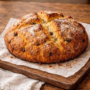 Puede incluir: Un pan redondo, dorado y marrón, con chispas de chocolate oscuro, espolvoreado con azúcar glas, descansa sobre papel de pergamino en una tabla de cortar de madera. El pan tiene un aspecto rústico, con una corteza texturizada y chispas visibles.