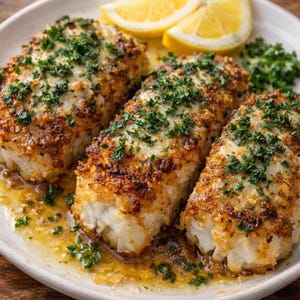 May include: Three portions of baked fish with a golden-brown crust, garnished with fresh green parsley, and served on a white plate. Two lemon wedges are placed on the plate. The fish sits in a pool of sauce.