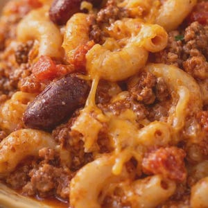 Puede incluir: Primer plano de un plato abundante de macarrones con queso con carne picada, frijoles rojos y tomates en dados. Los macarrones están cubiertos de queso derretido, con hebras de queso visibles. El plato se sirve en un cuenco poco profundo de color marrón claro.