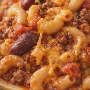 Könnte beinhalten: Nahaufnahme eines Gerichts mit Makkaroni, Hackfleisch, gewürfelten Tomaten und Kidneybohnen, bedeckt mit geschmolzenem Käse. Der Käse hat eine leuchtend orange Farbe, und das Gericht hat eine reichhaltige Textur.