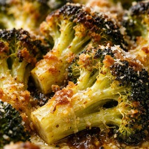 May include: Close-up of roasted broccoli florets on a white plate. The broccoli is topped with breadcrumbs and parmesan cheese. The florets are a vibrant green with some charred edges, and the dish is glistening with oil.