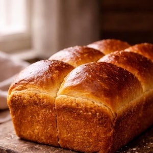 Puede incluir: Un pan de brioche dorado, recién horneado, con una corteza brillante. El pan está cortado en panecillos individuales y descansa sobre una tabla de cortar de madera. La imagen resalta la textura y el color del pan.