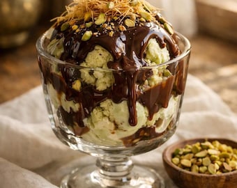 Ricetta dei Dubai Chocolate Sundae: gelato al pistacchio, kataifi, salsa al cioccolato (scarica)