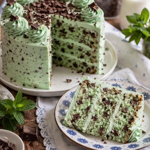 Op de afbeelding: Een mint chocolade chip cake met een stuk uitgesneden, met lagen groene cake en chocolade chips. De cake is versierd met groene frosting swirls en chocoladeschilfers. Een stuk cake op een bord.