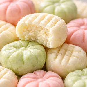 Pode incluir: Close-up de uma pilha de doces redondos e coloridos. Os doces são em tons de rosa, verde e creme, com uma superfície texturizada. Um dos doces tem uma mordida, revelando o interior macio. É uma sobremesa.