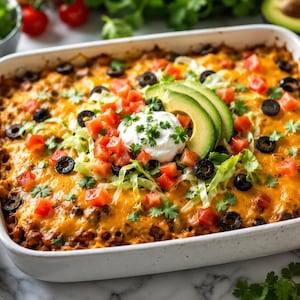 Può includere: Una pirofila rettangolare in ceramica bianca contenente uno sformato a strati guarnito con formaggio cheddar arancione fuso, olive nere a fette, pomodori rossi a cubetti, lattuga sminuzzata, un cucchiaio di panna acida e avocado.