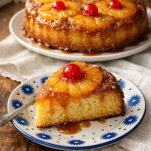 Può includere: Una fetta di torta rovesciata all'ananas su un piatto con un motivo floreale blu e bianco. La torta è guarnita con una fetta di ananas e una ciliegia rossa. Un'altra torta intera è sullo sfondo.
