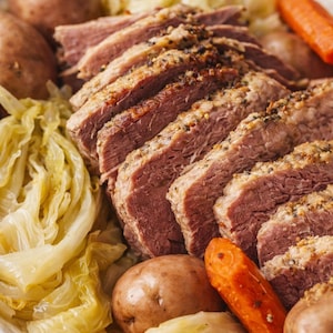 May include: A close-up shot of a plate of corned beef and cabbage. Sliced corned beef is the focal point, surrounded by cooked cabbage, potatoes, and carrots. The dish is a hearty meal, with a rustic and appetizing presentation.