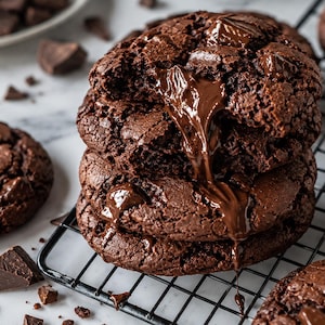 May include: A stack of three dark chocolate cookies on a black wire cooling rack. The top cookie is broken open, revealing a soft, melted chocolate center that drips down the sides. Each cookie features visible chunks of dark chocolate throughout.