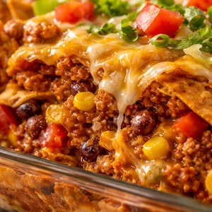 以下が含まれることがあります： 層状のキャセロールのクローズアップ。ひき肉、黒豆、トウモロコシ、溶けたチーズの層があり、さいの目に切ったトマトとネギで飾られています。キャセロールは透明なガラス皿で焼かれています。