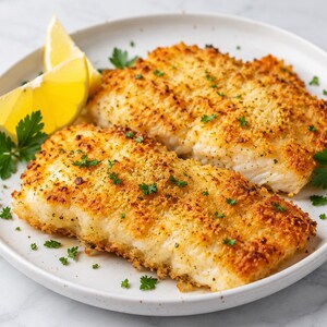 May include: Two breaded fish fillets on a white plate, garnished with parsley and lemon wedges. The fish has a golden-brown crust and appears freshly cooked. A simple, appetizing presentation.