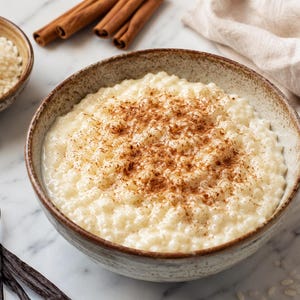 Peut inclure: Un bol de riz au lait crémeux saupoudré de cannelle. Le dessert est dans un bol en céramique rustique, avec un plus petit bol de riz cru, des bâtons de cannelle et des gousses de vanille à proximité. Le tout est sur une surface en marbre.