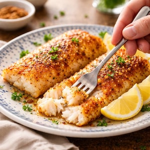 May include: Two seasoned fish fillets on a patterned plate, garnished with parsley and lemon wedges. A fork is inserted into one fillet, revealing the flaky texture. The fish has a golden-brown crust.