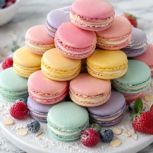 May include: A tower of colorful macarons in shades of pink, yellow, green, and purple, arranged on a white plate. Fresh raspberries, blueberries, and strawberries surround the macarons, with a scattering of almond flakes.