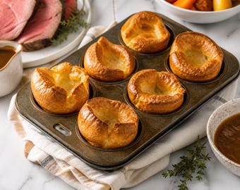 Receta de Yorkshire Pudding en PDF, descarga instantánea, guarnición clásica británica para asados, masa crujiente y esponjosa.