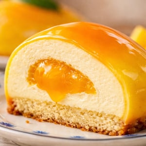 Op de afbeelding: Een doorgesneden dessertgebakje met een lichte cakebasis, een romige vulling en een glanzend oranje glazuur. De vulling lijkt een fruitcompote te zijn. Het gebakje ligt op een wit bord met een blauw bloemmotief.