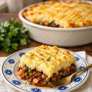 May include: A serving of shepherd's pie on a decorative plate with a gold fork. The pie features a layer of ground meat and vegetables topped with mashed potatoes. A whole pie is in the background.