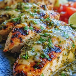 Puede incluir: Pechugas de pollo a la parrilla cubiertas con una salsa verde y adornadas con hierbas frescas. El pollo tiene un dorado dorado y se sirve con rodajas de lima y tomates rojos en un plato azul. Una comida deliciosa y apetitosa.